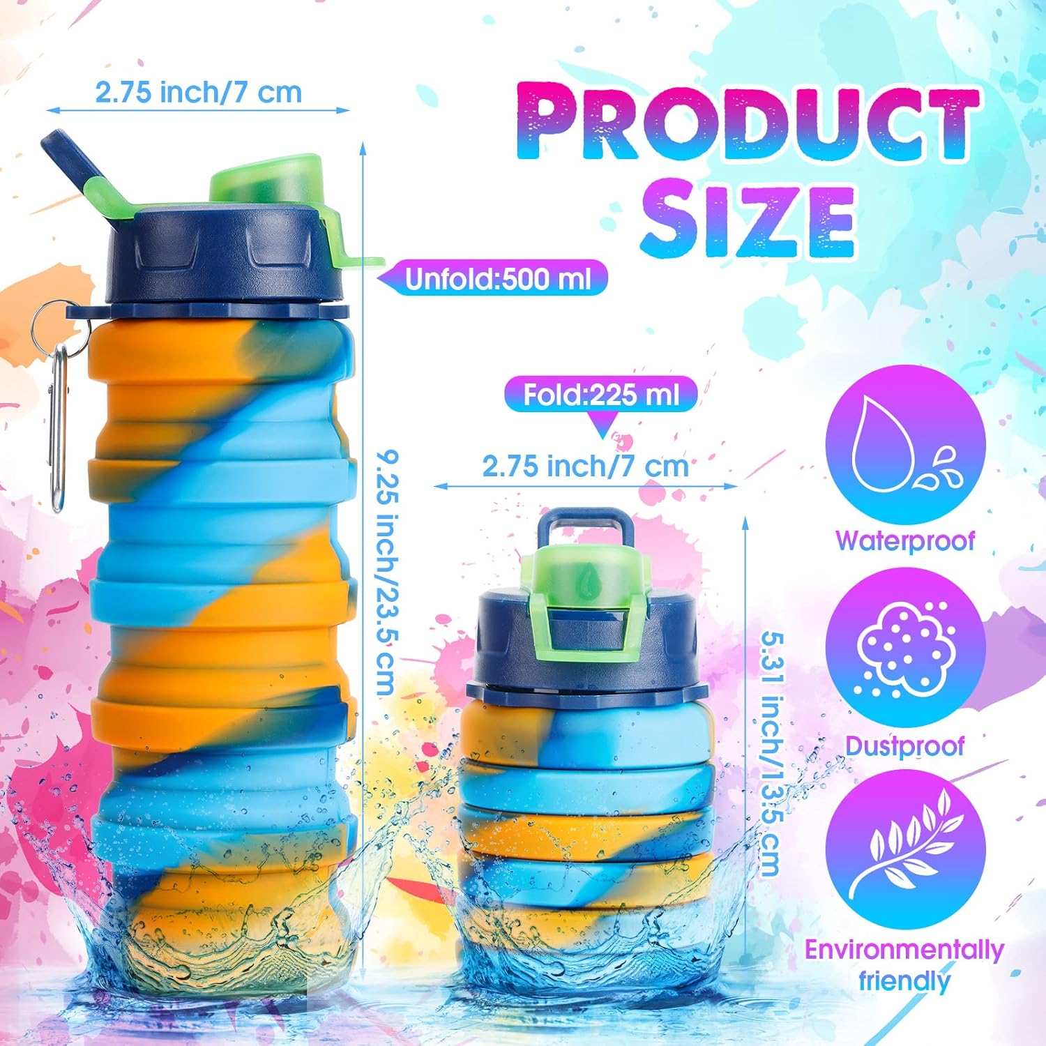 8 Pcs Collapsible Water Bottles Silicone Travel 16 oz Reusable Leakproof Foldable Water Bottles with Clip for Camping Hiking Cycling Travel Gym Yoga Outdoor Sports - Image 3