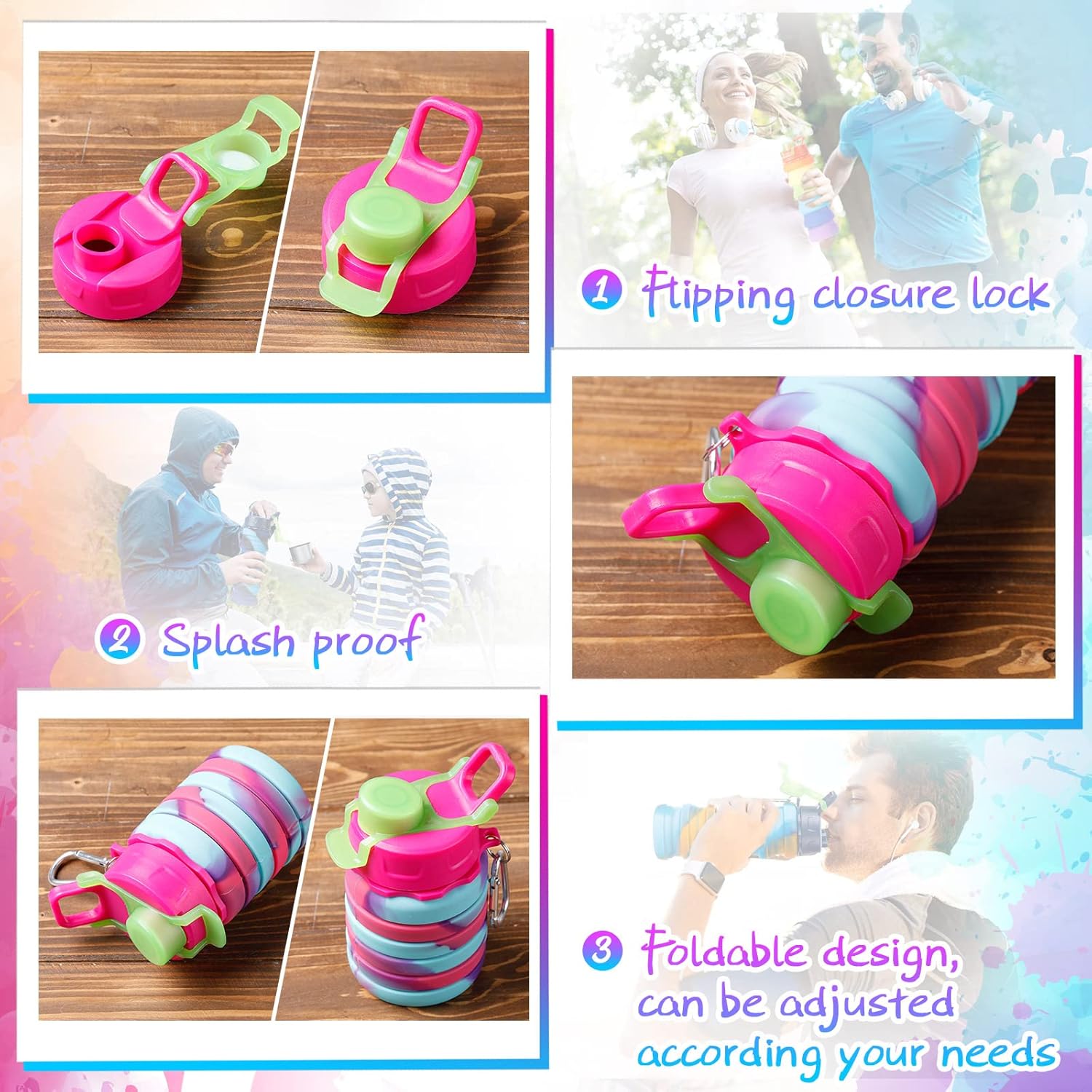 8 Pcs Collapsible Water Bottles Silicone Travel 16 oz Reusable Leakproof Foldable Water Bottles with Clip for Camping Hiking Cycling Travel Gym Yoga Outdoor Sports - Image 4