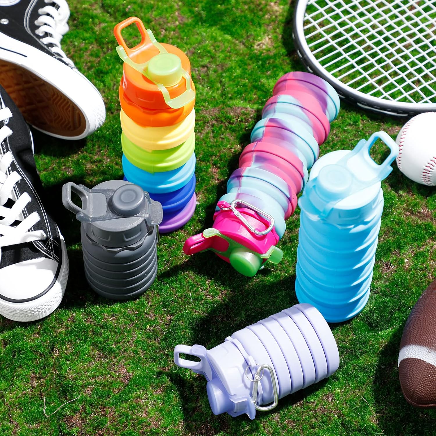 8 Pcs Collapsible Water Bottles Silicone Travel 16 oz Reusable Leakproof Foldable Water Bottles with Clip for Camping Hiking Cycling Travel Gym Yoga Outdoor Sports - Image 7