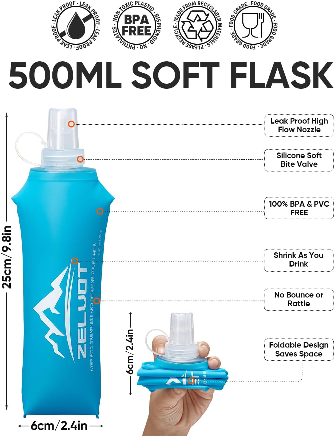 Running Vest Soft Flask, BPA-Free 500ml Collapsible Water Bottle for Hydration Backpack, Folding Running Water Bottle for Running Hiking Cycling Climbing (White, 500 ML) - Image 5